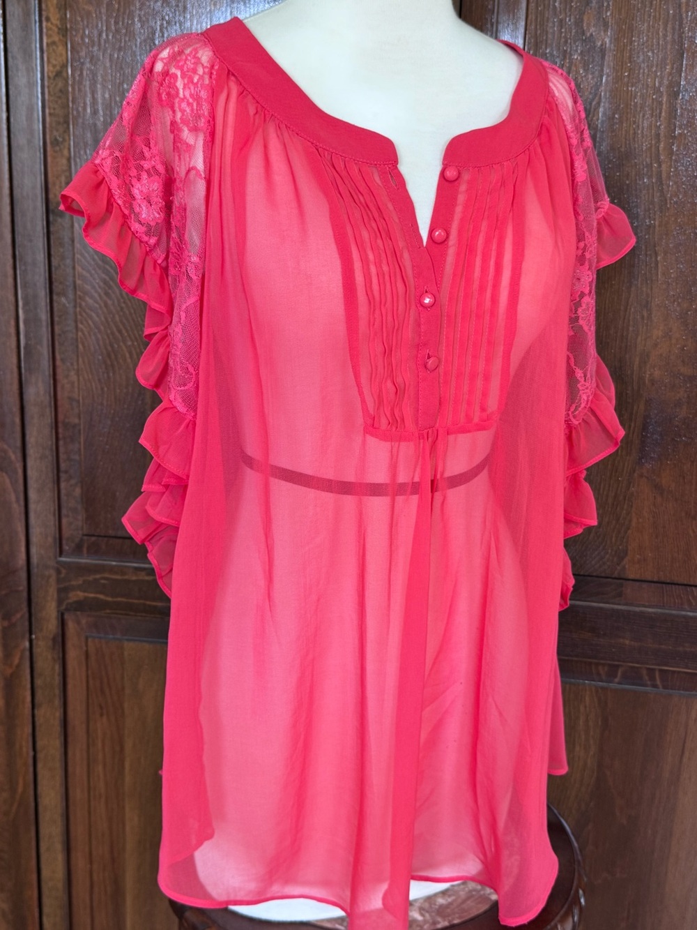 Romantic Sheer Chiffon Pintuck Blouse Barbiecore Lace Ruffle Tunic Top Medium